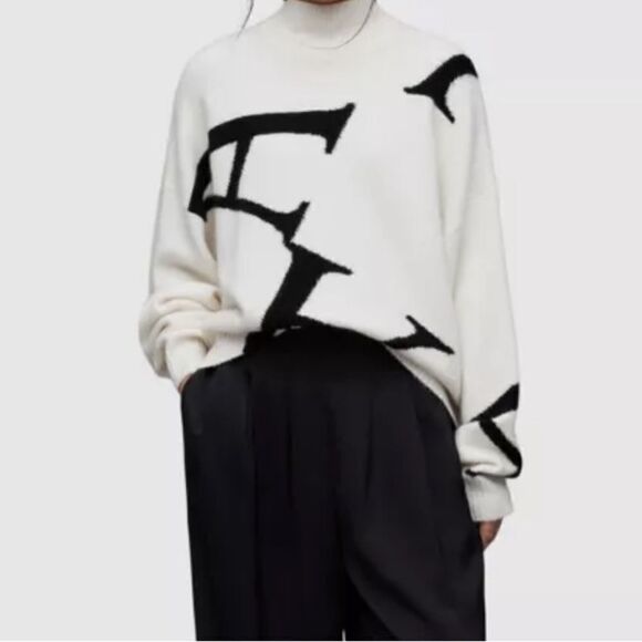 AllSaints A Star Sweater Black White Mock Neck Chunky Oversized Boxy NWT S $269 - Picture 2 of 6
